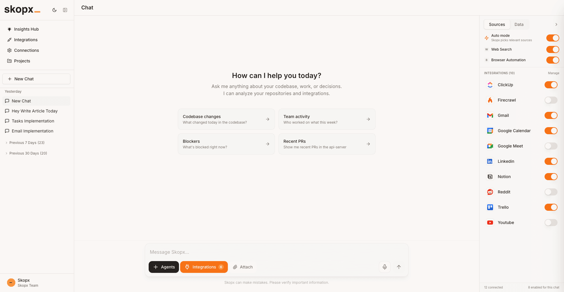 Skopx AI analytics platform dashboard with conversational analytics
